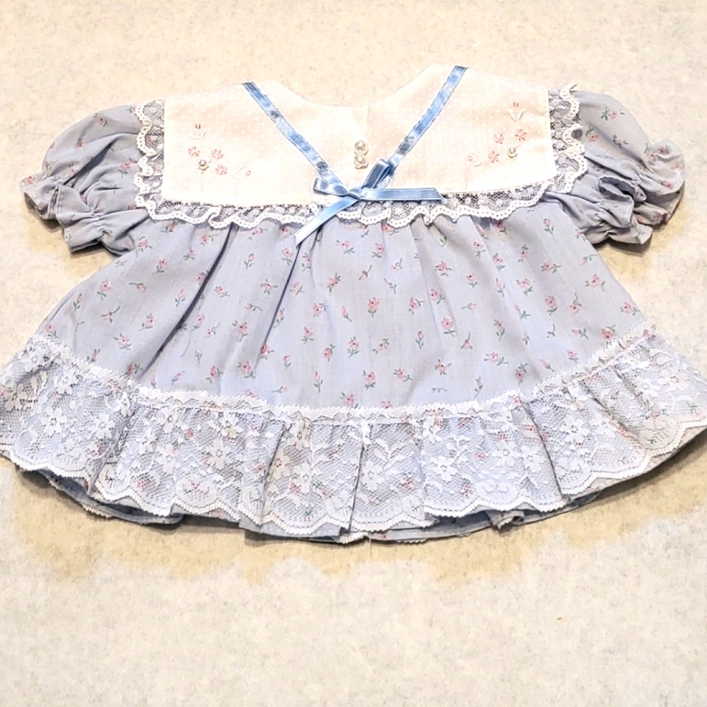 Vintage light blue floral baby dress with ribbon & lace detail